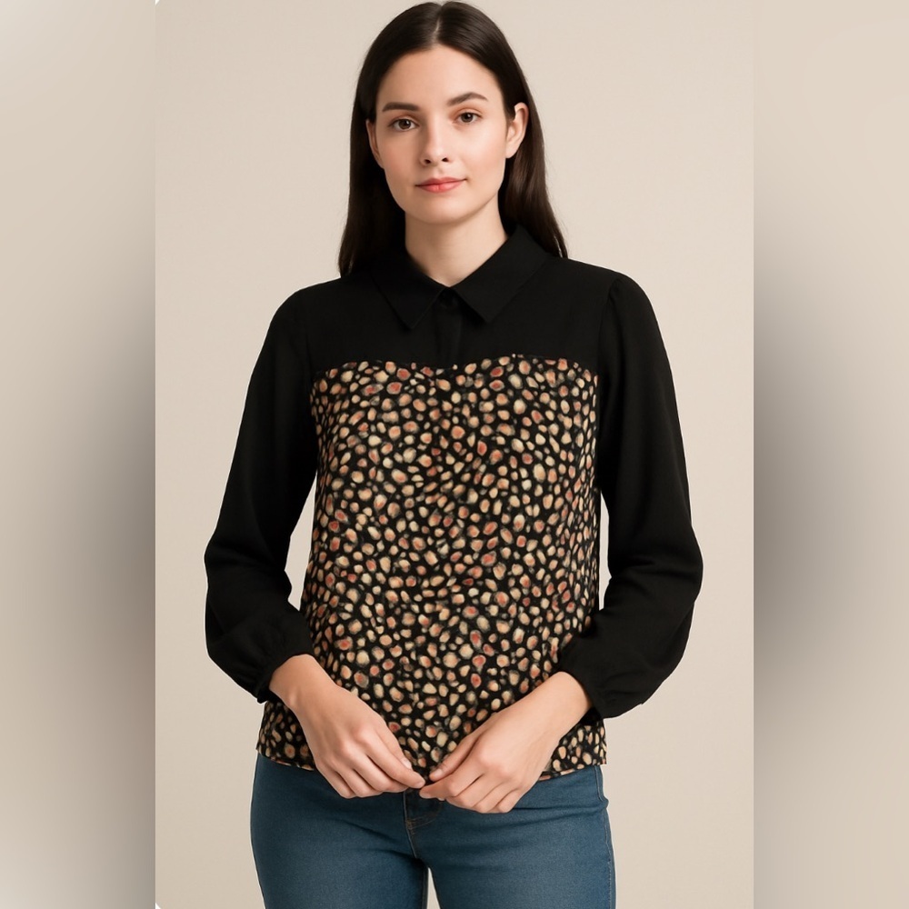 Lowrys Farm Collared Abstract Print Longsleeves Top Size L